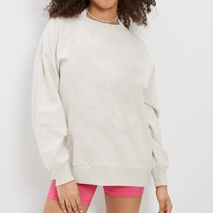 Sweat-shirt blanc en coton surdimensionné à épaules tombantes pour femme, couleur unie, col rond, manches longues, tricoté, respirant, haut d'été - Product Image 4