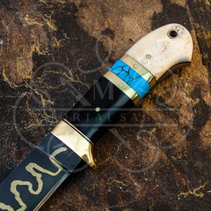 Couteau de chasse artisanal sur mesure, revêtement noir, avec bolster en laiton, lame pleine longueur - Product Image 5