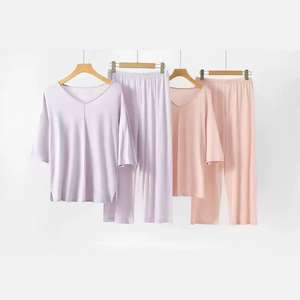 100% Mulberry Silk Womens Plus Size Pajamas Set <b>3</b>/4 Sleeve <b>Trousers</b> Sleepwear Leisure Nice Pajamas Night Pijamas for Home Wear - Product Image 2