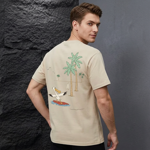เสื้อยืดแขนสั้นสีเบจสำหรับผู้ชาย พิมพ์ลายการ์ตูนนก คอกลม ทรงปกติ ผ้าฝ้ายเจอร์ซีย์ ระบายอากาศได้ดี สวมใส่สบาย - Product Image 2