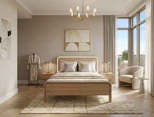 Cadre de lit plateforme moderne en bois massif écologique avec panneaux rembourrés, couleur bois naturel, mobilier de chambre Queen/King - Product Image 3