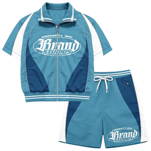Custom Brand Men's Track Jacket and Shorts Set Color Blocking Sporty Summer Casual Wear Zip Up Outerwear Two Piece Tracksuit - Product Image 3