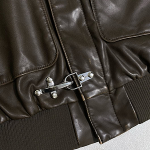 Men's Dark Brown Faux Leather Bomber Jacket Metal Buckle Closure Point Collar Cargo Pocket Oversized Vintage Streetwear <b>Coat</b> - Product Image 6
