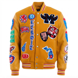 Blouson universitaire moutarde personnalisé style Letterman, bomber de baseball, streetwear pour femme, vintage, avec patch brodé, devant en maille, sans manches 3D - Product Image 1