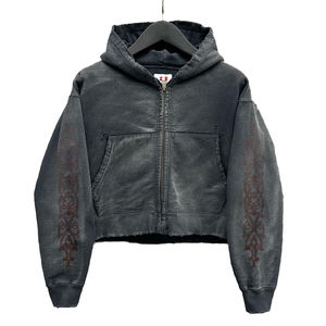 Conjunto de Sudadera con Capucha con Cremallera y Pantalones Deportivos de Felpa de Algodón Pesado, con Apliques Bordados Personalizados, Lavado Ácido y Parches Desgastados, para Invierno - Product Image 2