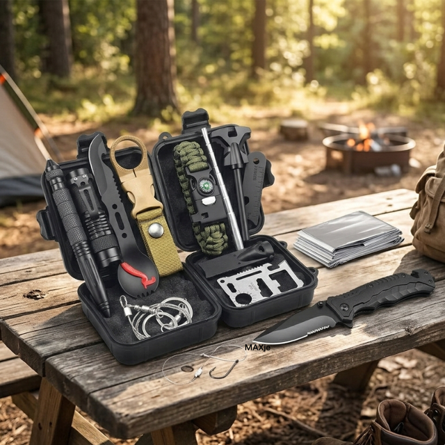 Emergency Survival Kit, 14-in-1 Tactical Gear & Equipment with Flashlight, Knife, Compass for Outdoor Camping Hiking