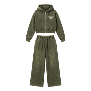 Conjunto de chándal de dos piezas para mujer, talla grande, verde oliva, con lavado ácido, sudadera con capucha y cremallera, y pantalones de chándal de pierna ancha, estilo casual urbano para invierno - Product Image 1