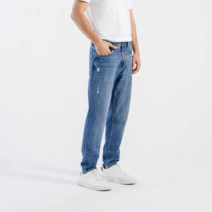 Jean en denim coupe droite pour homme, style urbain, coupe classique, extensible, taille mi-haute, 100% coton, respirant, décontracté, délavage chimique, prix bas - Product Image 3