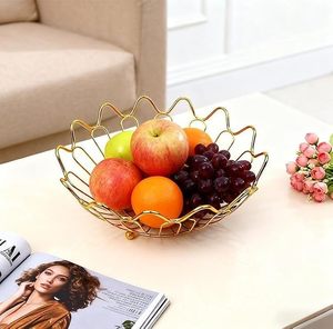 Gold Finish Decorative Wire <b>Basket</b> Tray with Round Center Base Elegant Fruit Serving Bowl Home Decor Accent Metal & Wood <b>Basket</b> - Product Image 2