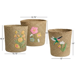 Juego de 3 Cestas de Almacenamiento Hechas a Mano con Bordado Floral de Pasto Marino Natural, Venta al por Mayor, Ecológicas, Hechas en Vietnam - Product Image 3