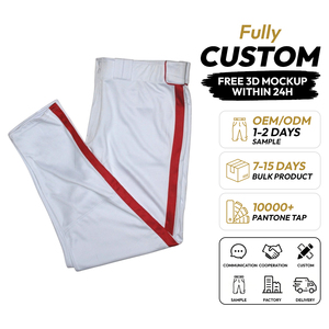 Pantalon de baseball unisexe personnalisé, blanc avec rayures rouges, impression sublimée, évacuation de l'humidité, coupe ajustée, braguette zippée, vêtements de sport pour adultes, 100% coton - Product Image 1