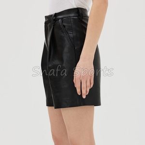 Front Pocket's Women Regular Fit 100% Leather Fabric Breathable Plain Dyed Leather Shorts with Custom Brand Logo - Product Image 3