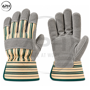 Industrial Split Cowhide Leather Rigger Gloves Green Striped Fabric Back Rubber Cuff Reinforced Palm Mechanics Working Gloves - Product Image 2