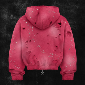Custom Men's <b>Zip</b>-Up <b>Hoodie</b> Oversized <b>Black</b> Cotton French Terry Streetwear Spray Print Ripped Design Autumn Fit Regular Sleeve - Product Image 4