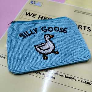 Silly Goose Beaded Zipper Pouch Blue Animal Print Embroidered Cute Clutch Daily Use Custom Handmade Beaded Silly Goose Pouch - Product Image 4