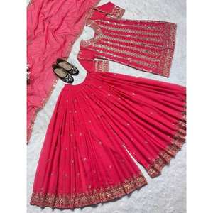 Ropa de Diseñador India y Pakistaní, Elegante Conjunto de Fiesta, Top-Plazzo y Dupatta - Product Image 3