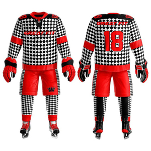 Conjunto de Uniforme de Hockey para Hombre GREAT FIT, Jersey y Pantalones a Cuadros Negros y Blancos con Detalles Rojos, Guantes Transpirables de Poliéster con Estampado por Transferencia de Calor - Product Image 1