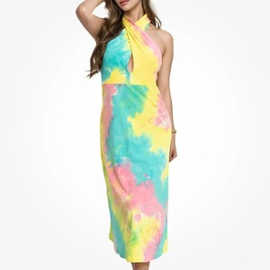 Robe midi décontractée pour femme en fibre de bambou, style bohème, sans manches, coupe trapèze, col licou, tie-dye, écologique, pour l'été et les fêtes - Product Image 4