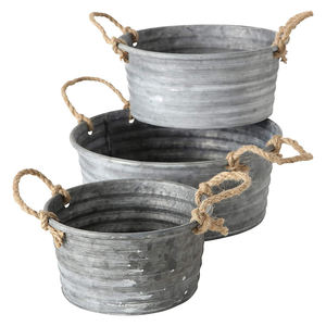 Set Of 3 Galvanized Floor Standing <b>Planer</b> For Home Villas Indoor Living room Decorative Use Metal Planter With Rope Handles - Product Image 1