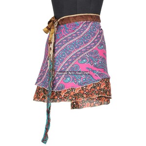 Knee Length Girls <b>Beach</b> Silk <b>Wrap</b> Mini Skirts Vintage Indian Boho Hippie Silk Mini Skirt Ethnic Sari Washable Natural Waistline - Product Image 4