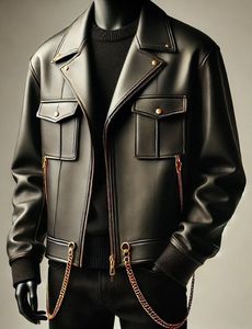 Veste de moto en cuir PU pour homme, col personnalisé, fermeture éclair, broderie décorative, coupe classique, style hiver, coupe-vent, respirante - Product Image 1