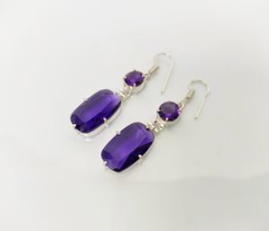Boucles d'oreilles pendantes rectangulaires classiques faites à la main en argent plaqué 925 avec améthyste et perle de cristal pour femme, tendance - Product Image 2