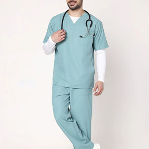 Ensemble de blouses médicales unisexe deux pièces en tissu tricoté, haut à manches courtes avec poches plaquées, pantalon droit avec taille à cordon de serrage - Product Image 1