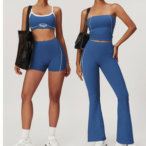 Women's Strapless Solid Blue Mid Waist Flared Leg Pants Yoga Set with <b>Crystal</b> Side Stripe Seamless Activewear Workout Outfit - Product Image 5