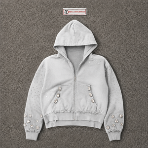 Sudadera con capucha plateada para hombre, extragrande, con cremallera, color liso, adornada con pedrería, estilo urbano, corte regular, 100% algodón polar - Product Image 5