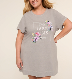 Vestido de dormir térmico de verano para mujer, talla grande, 100% algodón, manga corta, cuello redondo, ajuste holgado, largo hasta la rodilla, con estampado de letras - Product Image 1