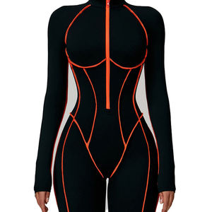 Black Full Length Bodysuit With Green Stitching Turtleneck High Waist Cut-Out Back Zipper Closure Seamless Spandex Polyester - Product Image 6