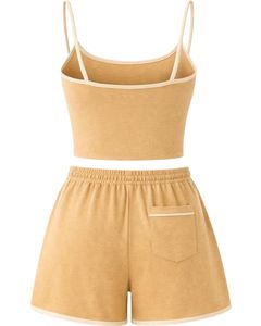 Customized Beige Women Camisole And Shorts <b>Set</b> Summer Two Piece Outfit Cotton Blend Crop Top Drawstring Shorts Casual Lounge <b>Set</b> - Product Image 2