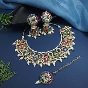 Fine <b>Jewelry</b> <b>Set</b> Kundan & <b>Pearl</b> Choker Necklace with Earrings and Maang Tikka for Women-K7305Mul - Product Image 1
