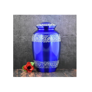 Urne funéraire de luxe en aluminium craquelé turquoise, ornée de bandes florales argentées, écologique, faite à la main, pour cendres commémoratives - Product Image 4