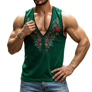 Débardeur Homme Personnalisé Col V Profond Broderie Florale Sans Manches Style Décontracté Tendance Prix de Gros - Product Image 3