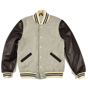 Veste varsity grise pour homme avec manches en cuir, col rabattu, fermeture à boutons, style décontracté, vêtement d'automne - Product Image 4