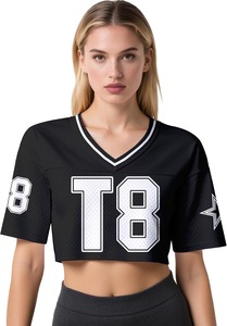 Women <b>Mesh</b> Jersey <b>Crop</b> T Shirt V Neck Short Sleeve T8 Logo Printed Sporty <b>Top</b> Breathable Regular Fit All Seasons - Product Image 2