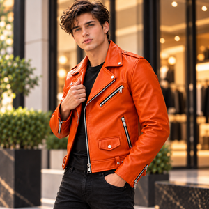 Blouson Moto en Cuir Orange Véritable Cuir de Vachette Coupe Slim Style Vintage Punk Rock Tendance avec Fermeture Éclair Nouveau - Product Image 3
