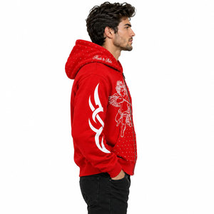 Sudadera con capucha roja para hombre con gráfico personalizado, mangas con estampado tribal y detalles de pedrería. - Product Image 5