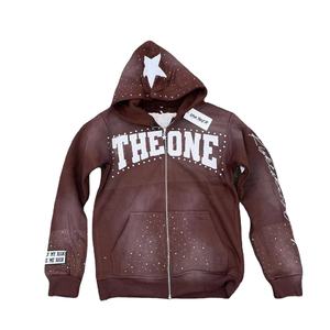 Custom Logo Acid Washed Vintage Sun Faded Men's 100% Cotton Fleece Oversized Crew Neck Zipper Distressed Embroidery <b>Hoodie</b> - Product Image 1