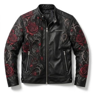Chaqueta de cuero para hombre, color negro, con estampado floral de rosas rojas, cuello alto, cremallera, estilo motero, personalizada, a la moda, al por mayor - Product Image 1