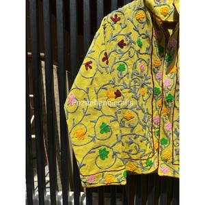 <b>Yellow</b> Floral Embroidered Cotton Blazer Mandarin Collar Full Sleeve Spring Women's Jacket Handmade Boho Chic Style - Product Image 3