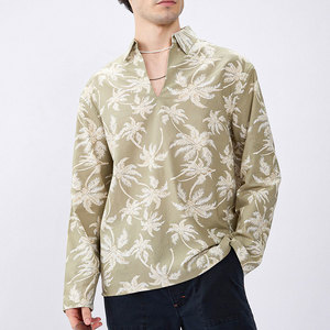 Camisa Hawaiana de Manga Larga con Estampado de Palmeras Verde Oliva para Hombre, Cuello en V, Estilo Vacacional, Tela Popelina, Ropa de Verano - Product Image 5