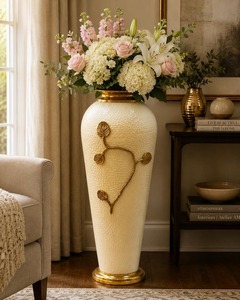 Statement <b>Vase</b> Modern White Floor <b>Vase</b> With <b>Gold</b> Leaf Design 83cm Handmade Metal Decor - Product Image 5
