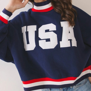 Women's USA Letter Print Crew Neck Sweatshirt Oversized Long Sleeve Knitted Pullover Blue Red White Trim Autumn Wear - Product Image 1
