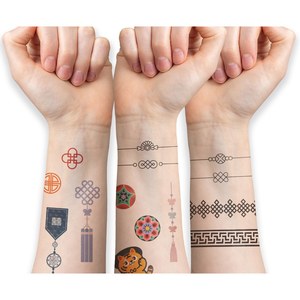 Autocollants de tatouage temporaire coréens, design traditionnel coréen en aquarelle, 140x200mm, feuille de tatouage à transfert d'eau, fabriqué en Corée - Product Image 1
