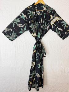 Robe Kimono en Coton Imprimé Jungle, Peignoir Léger, Imprimé Bloc, Style Bohème, Tenue d'Été, Robe de Plage et de Spa, Unisexe - Product Image 3