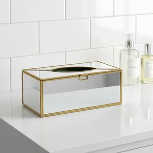 ARTISAN DESIGN <b>Mirrored</b> Metal Tissue Box Cover with Gold Trim Rectangular Design <b>Bathroom</b> Vanity Storage Accessory - Product Image 1