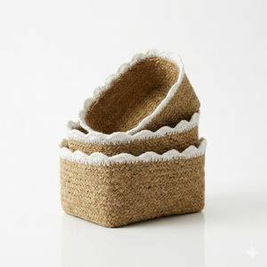Cesta de Almacenamiento Tejida de Yute Natural de Estilo Clásico con Ribete de Encaje Festoneado, Organizador Decorativo Boho de Seagrass - Product Image 4