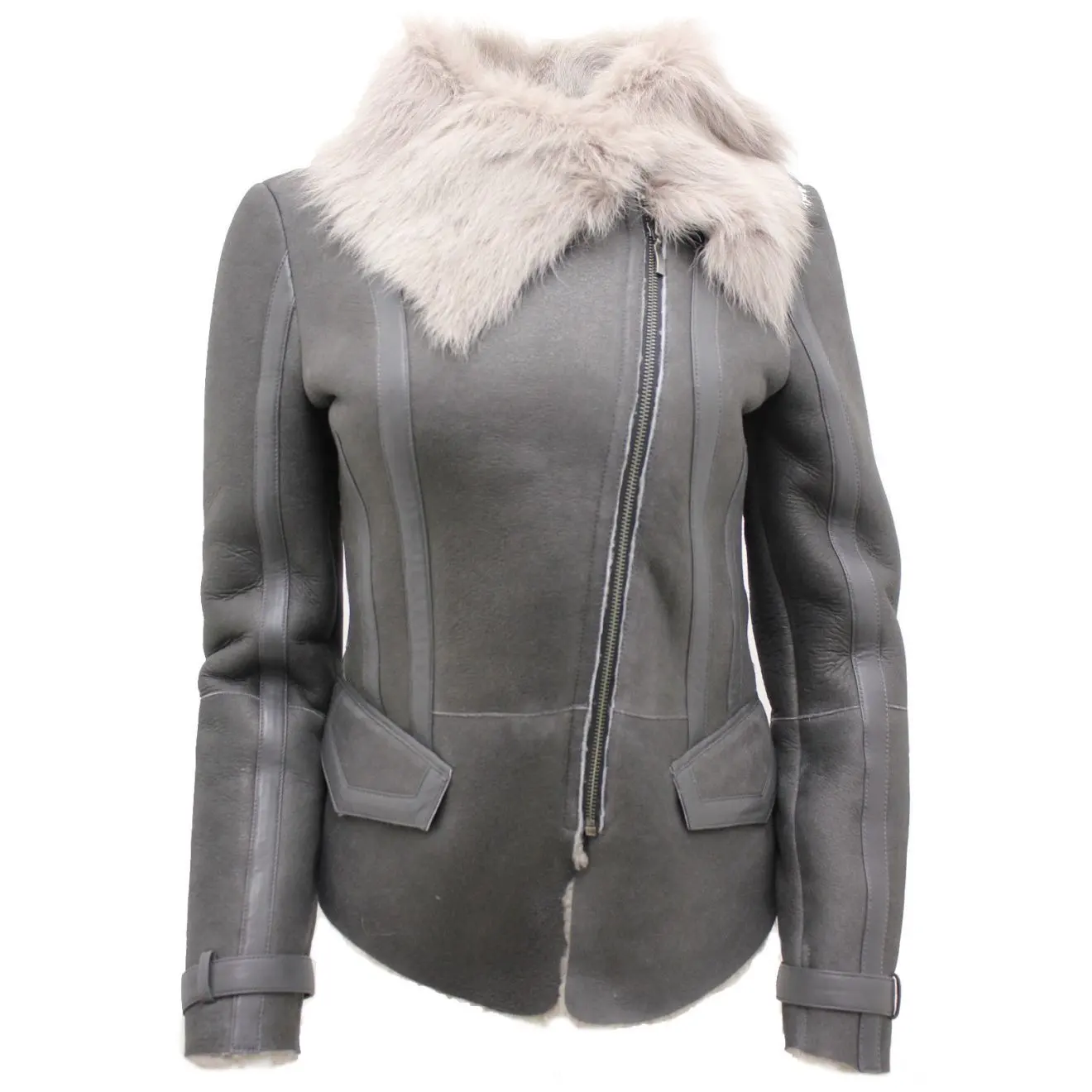 Jaqueta feminina cinza e macia de couro, casaco de couro com pele de carneiro personalizado pelos fabricantes